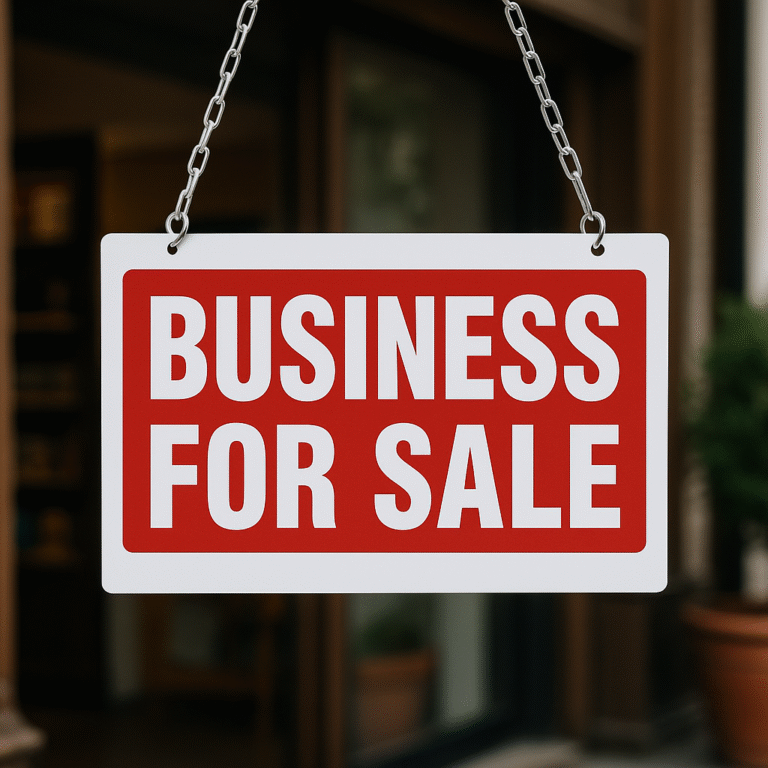 A clear, daylight photo showing a “BUSINESS FOR SALE” sign hanging outside a storefront window, signaling the availability of the business