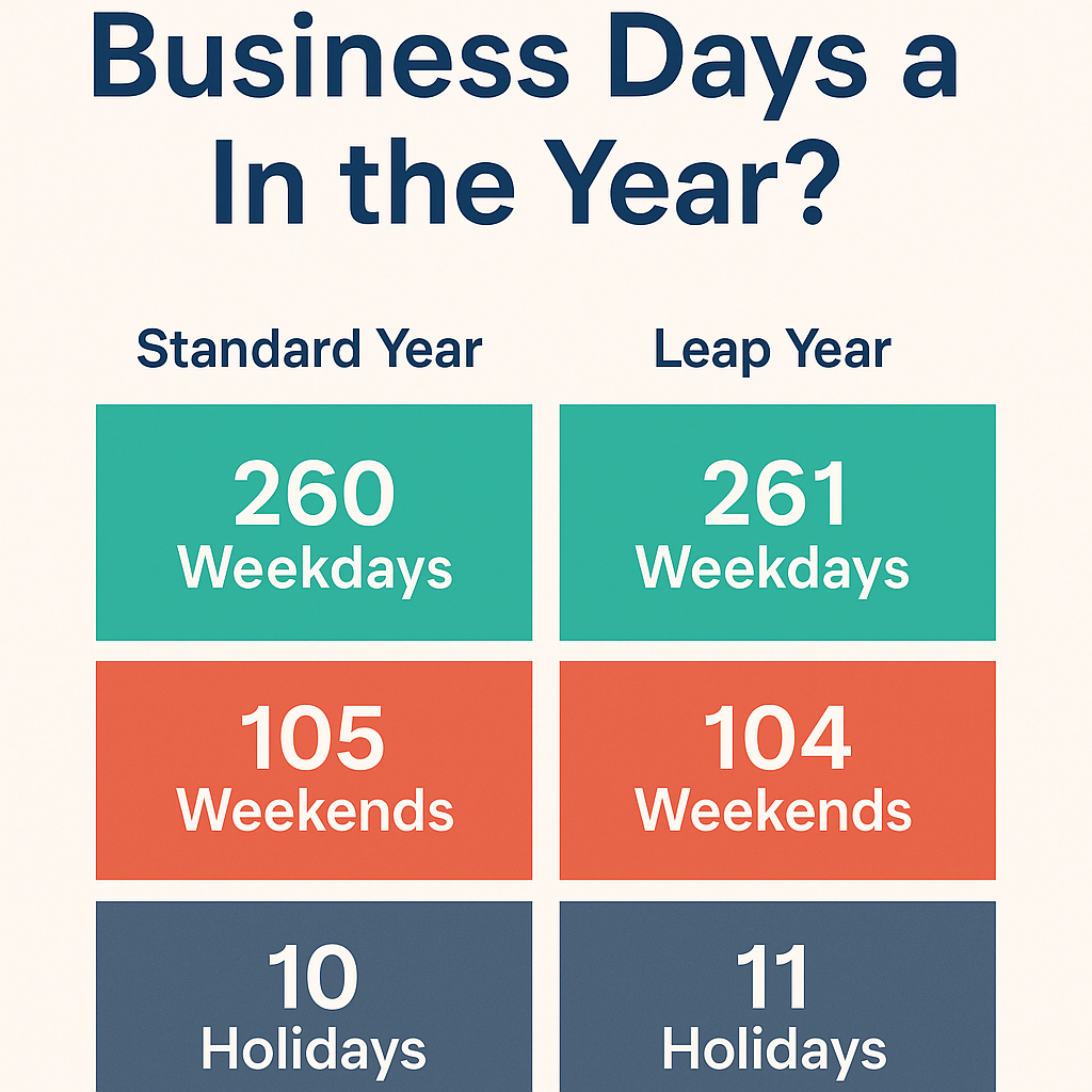 Infographic comparing business days in a standard year versus a leap year, highlighting weekdays, weekends, and holidays.