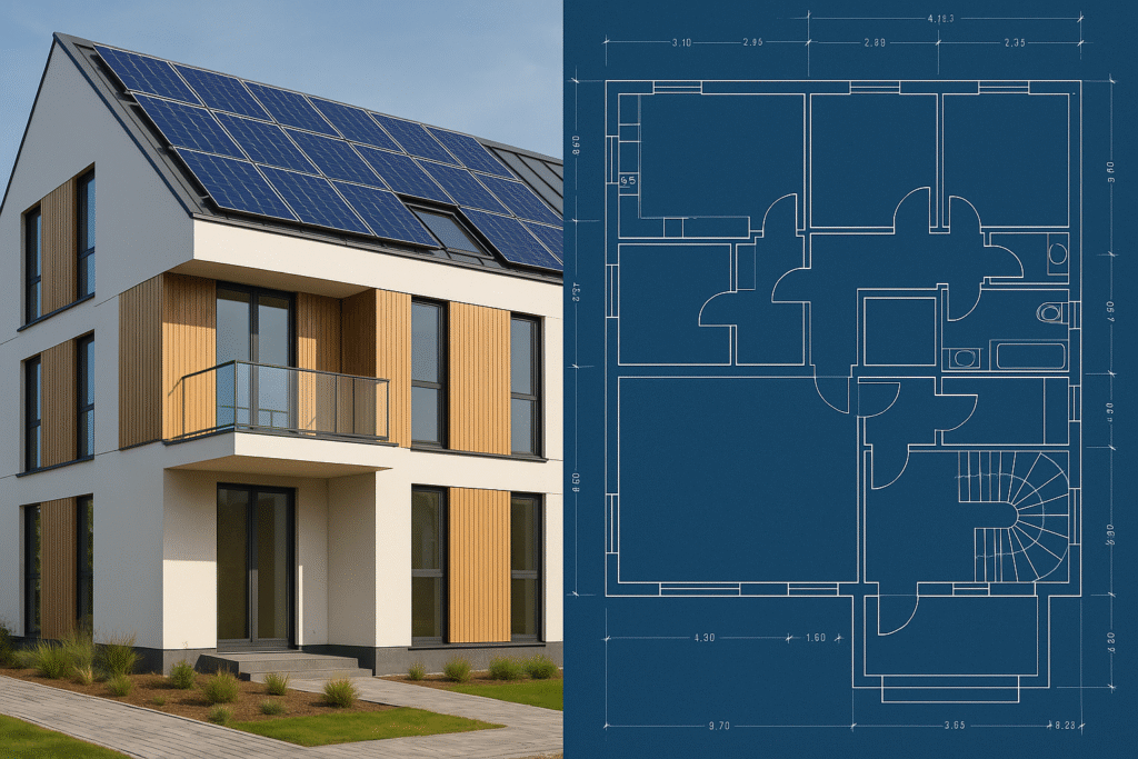 Sustainable building exterior next to its detailed blueprint layout