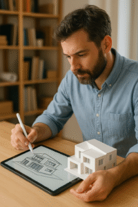 Architect interacting with a digital tablet displaying a 3D building model.