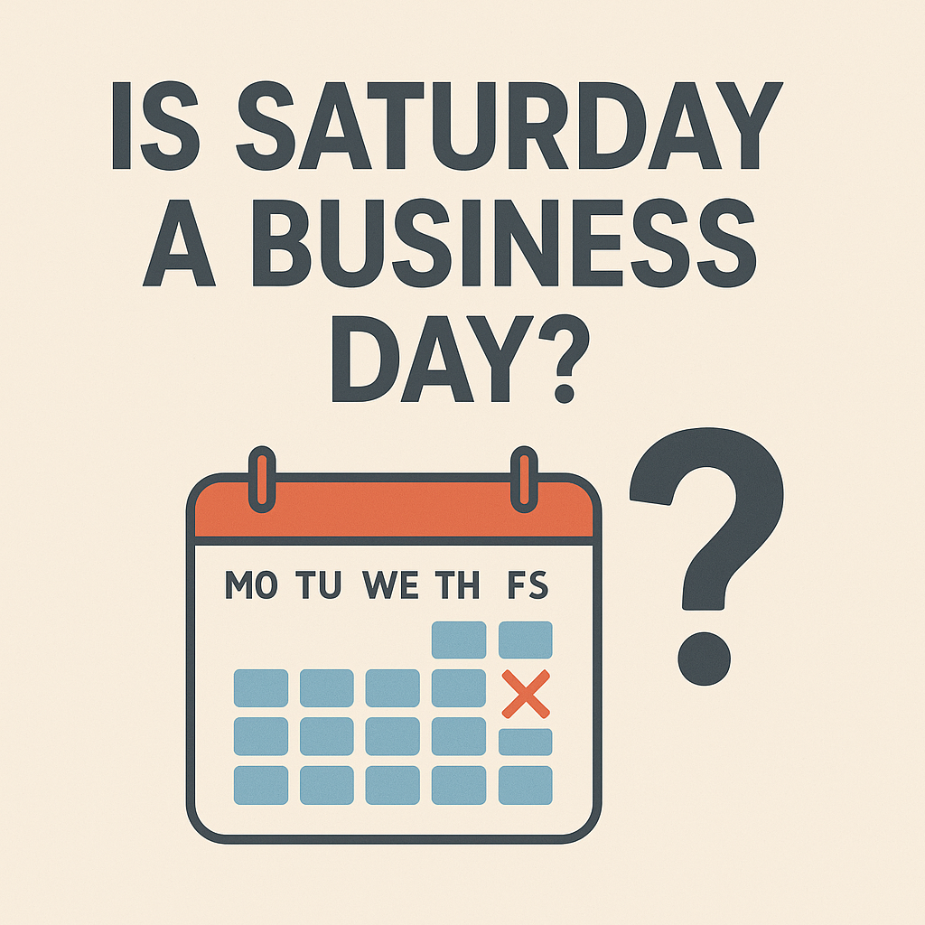 Illustration of a calendar with Saturday marked by a red X and the text “Is Saturday a Business Day?” above it, visually representing the topic of weekend work schedules.