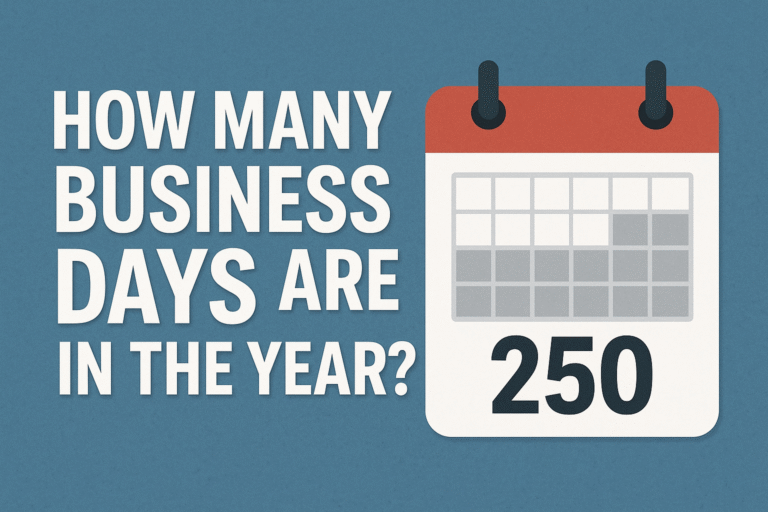 Graphic showing the text “How many business days are in the year?” next to a calendar marked with the number 250.