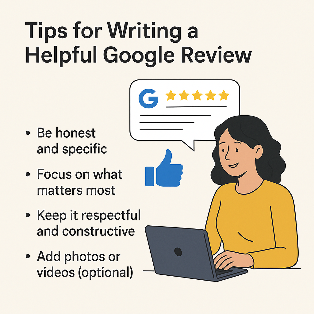 llustration of a person using a laptop to leave a Google review with star ratings and a thumbs-up icon.