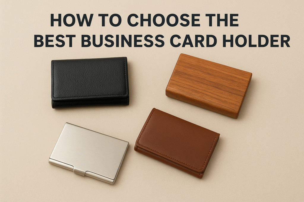 Professional offering a business card from a sleek holder during a meeting.