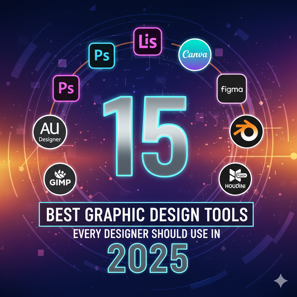 A graphic designer using various design tools such as Photoshop, Canva, and Illustrator on a laptop in a modern workspace.